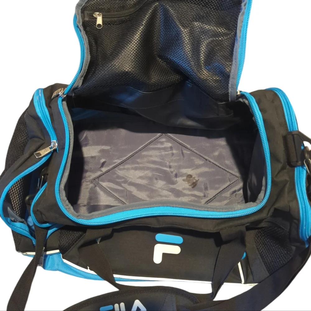 FILA Duffle Sports Gym Travel Bag Black Royal Blue Pockets Compartments Straps
